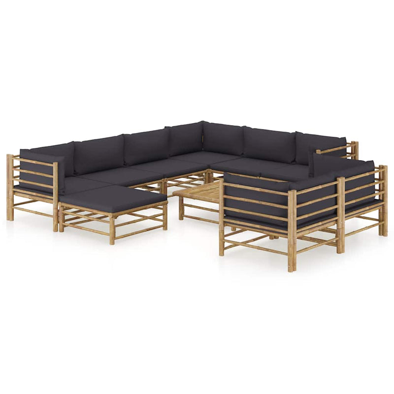 Set mobilier de grădină cu perne gri închis, 10 piese, bambus