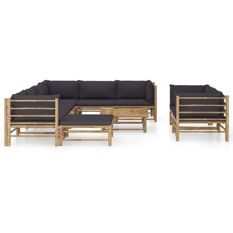 Set mobilier de grădină cu perne gri închis, 10 piese, bambus