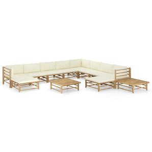 Set mobilier de grădină cu perne alb crem, 12 piese, bambus