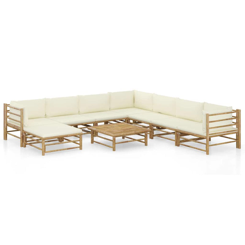 Set mobilier de grădină, cu perne alb crem, 9 piese, bambus