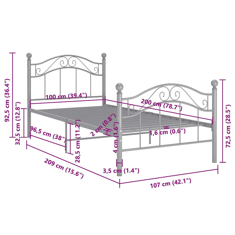 Cadru de pat, gri, 100x200 cm, metal