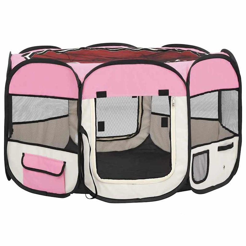 Țarc joacă pliabil câini cu sac de transport roz 110x110x58 cm