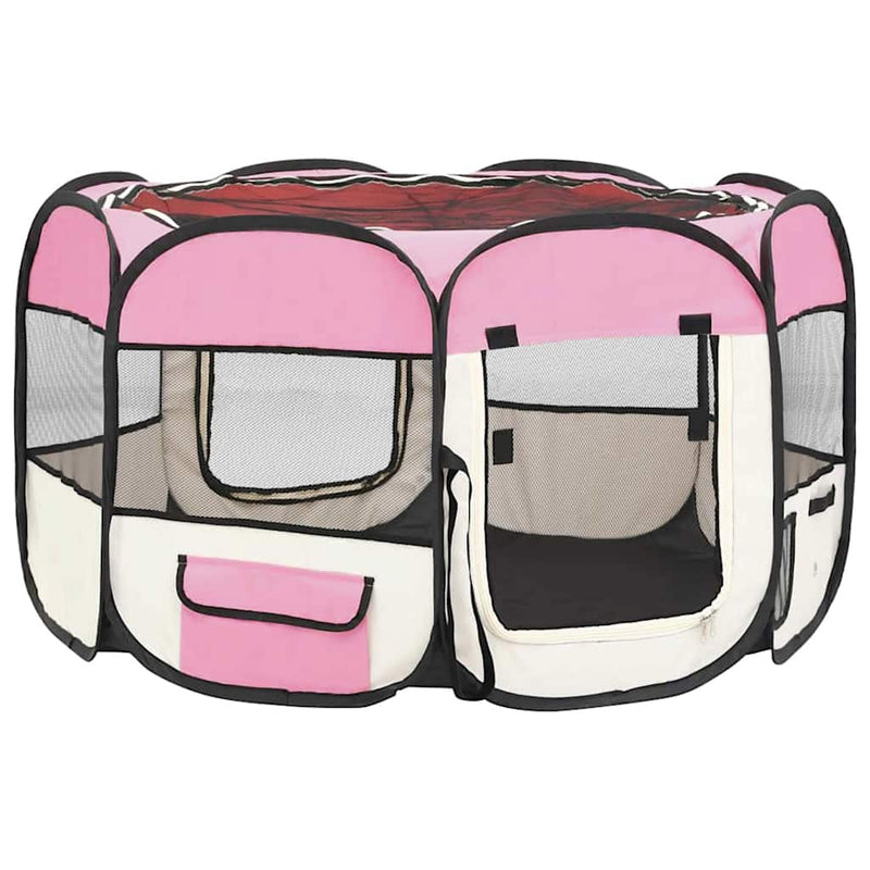 Țarc joacă pliabil câini cu sac de transport roz 110x110x58 cm