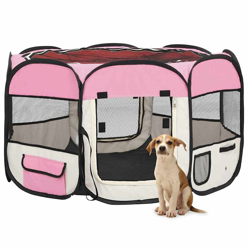 Țarc joacă pliabil câini cu sac de transport roz 110x110x58 cm