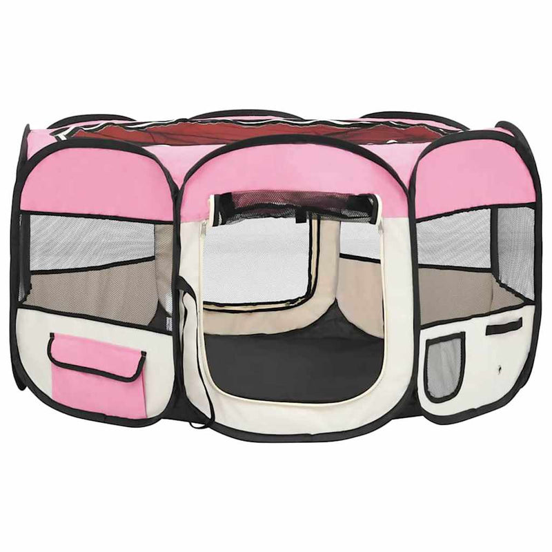 Țarc joacă pliabil câini cu sac de transport roz 125x125x61 cm