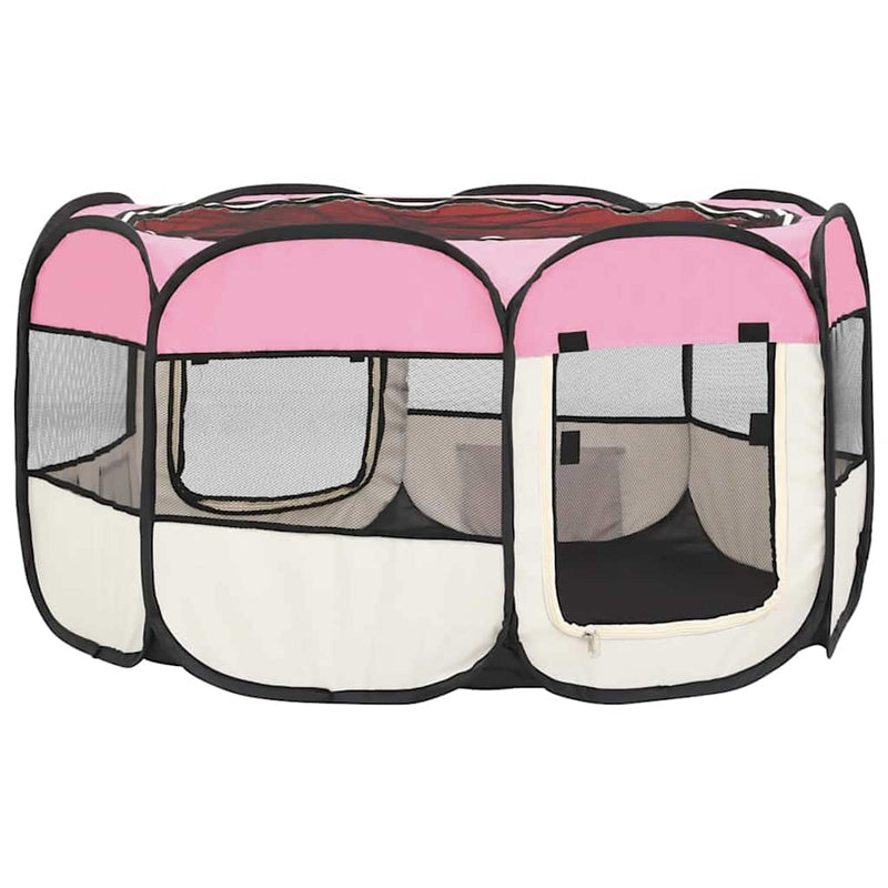 Țarc joacă pliabil câini cu sac de transport roz 125x125x61 cm
