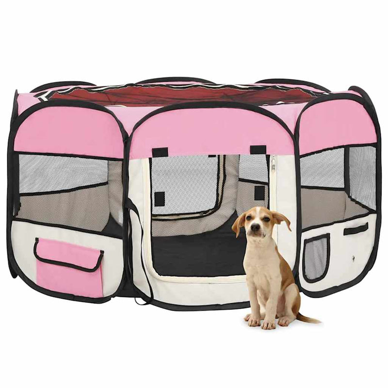 Țarc joacă pliabil câini cu sac de transport roz 125x125x61 cm