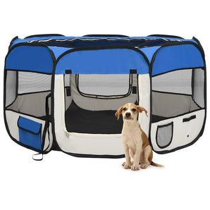 Țarc câini pliabil cu sac de transport, albastru, 125x125x61 cm