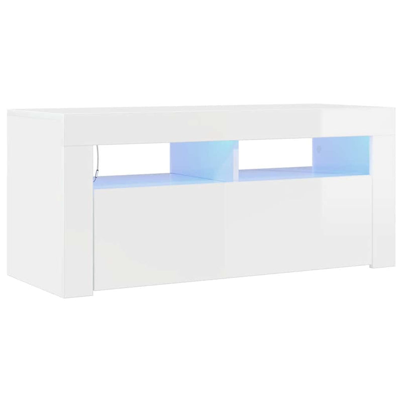Comodă TV cu lumini LED, alb extralucios, 90x35x40 cm