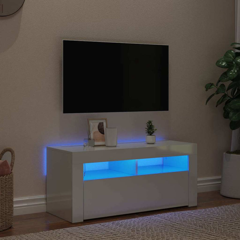 Comodă TV cu lumini LED, alb extralucios, 90x35x40 cm