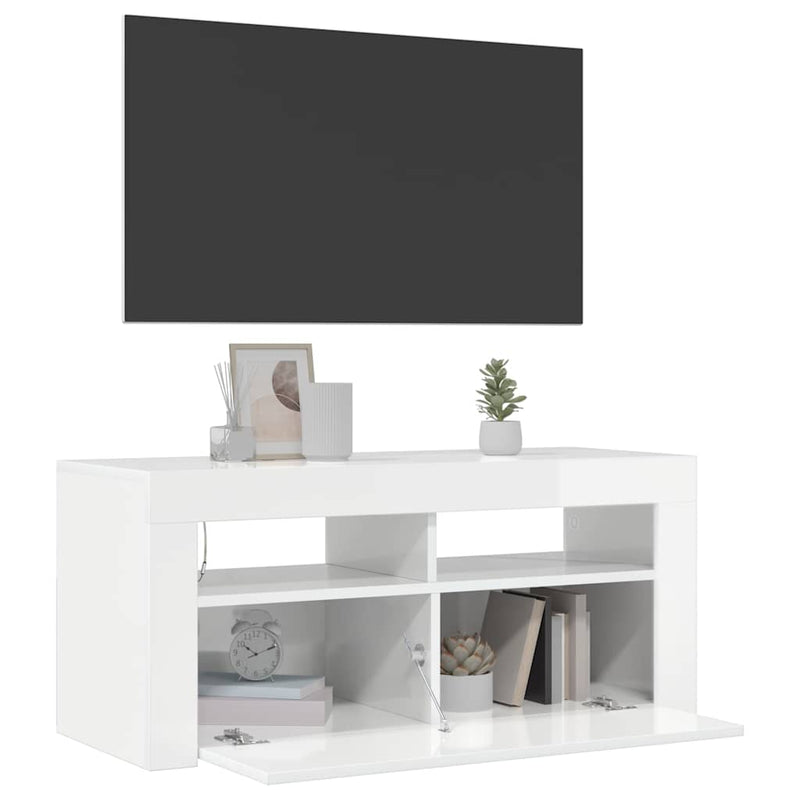 Comodă TV cu lumini LED, alb extralucios, 90x35x40 cm