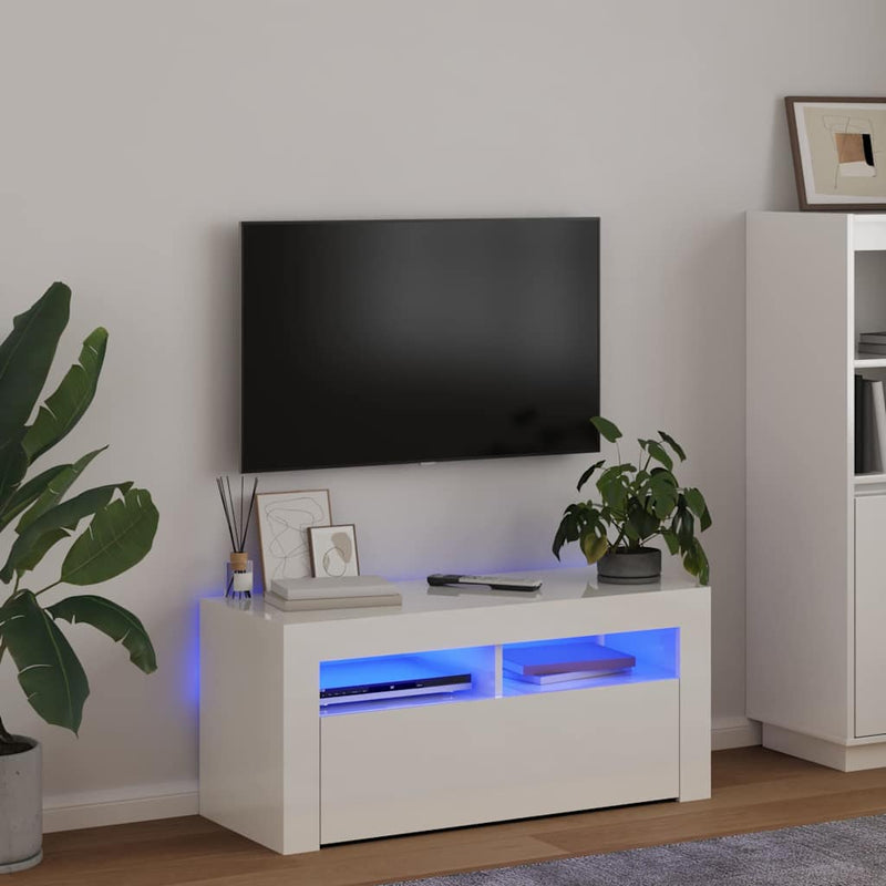 Comodă TV cu lumini LED, alb extralucios, 90x35x40 cm