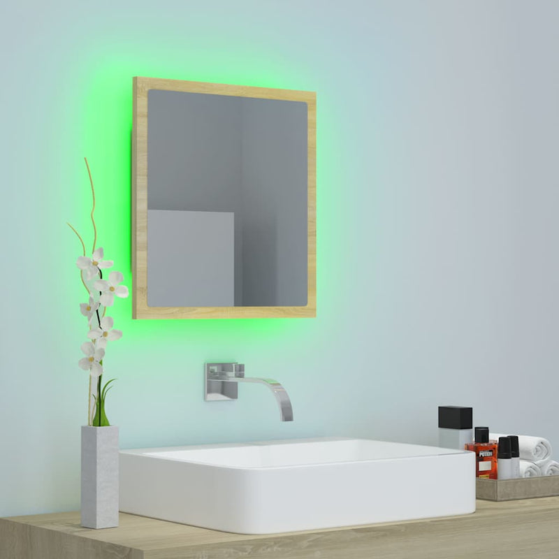 Oglindă de baie cu LED, stejar sonoma, 40x8,5x37 cm, acril