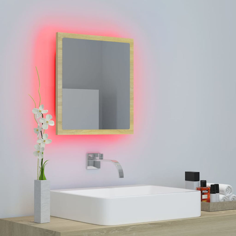 Oglindă de baie cu LED, stejar sonoma, 40x8,5x37 cm, acril