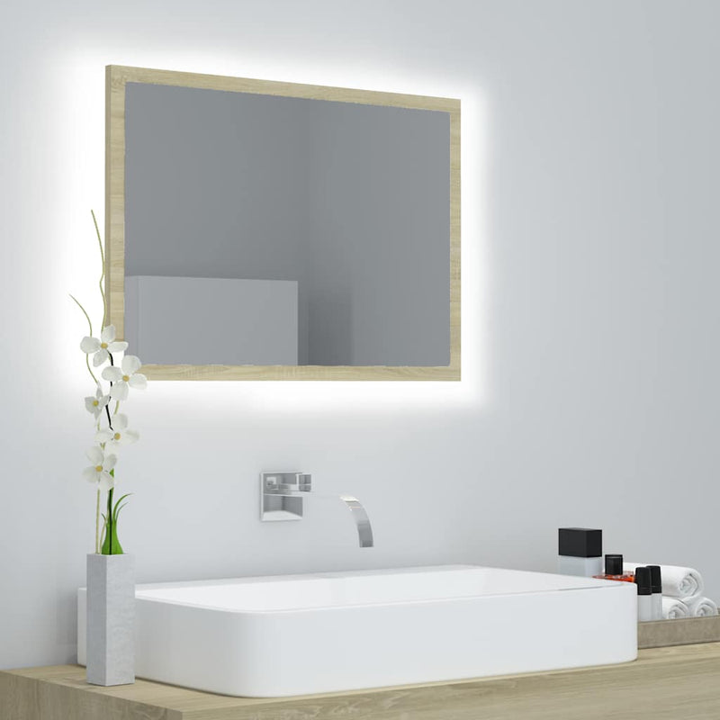Oglindă de baie cu LED, stejar sonoma, 60x8,5x37 cm, acril