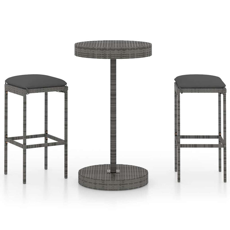 Set mobilier bar de grădină, cu perne, 3 piese, gri, poliratan
