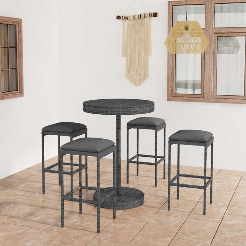 Set mobilier bar de grădină cu perne, 5 piese, gri, poliratan