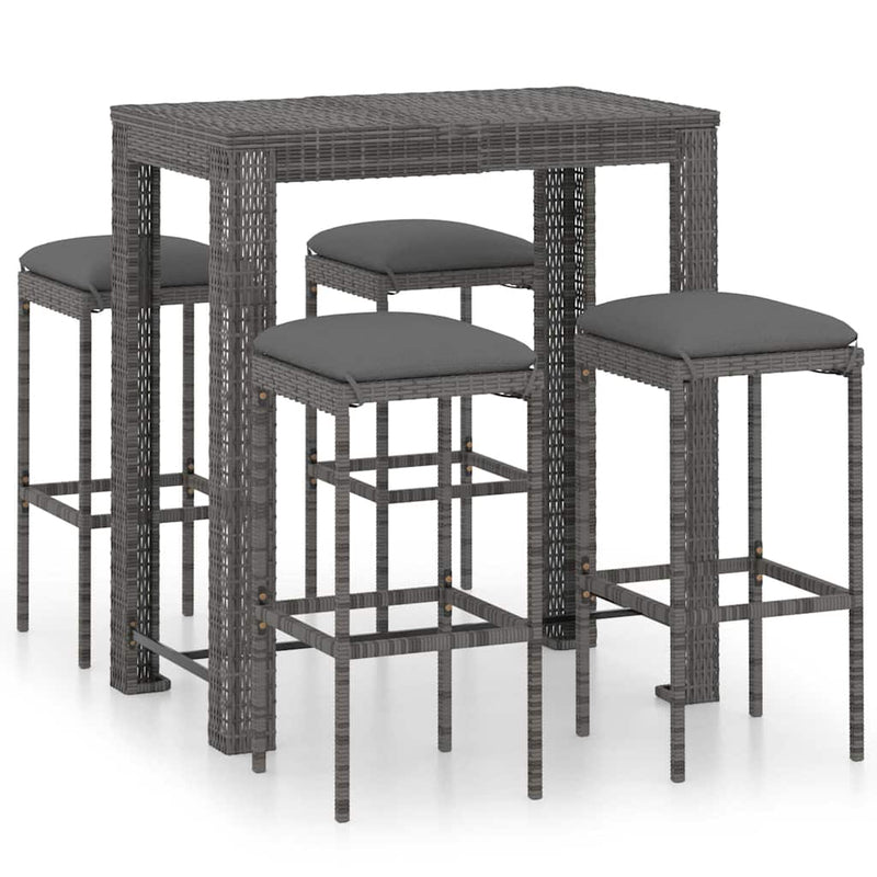 Set mobilier bar de grădină cu perne, 5 piese, gri, poliratan
