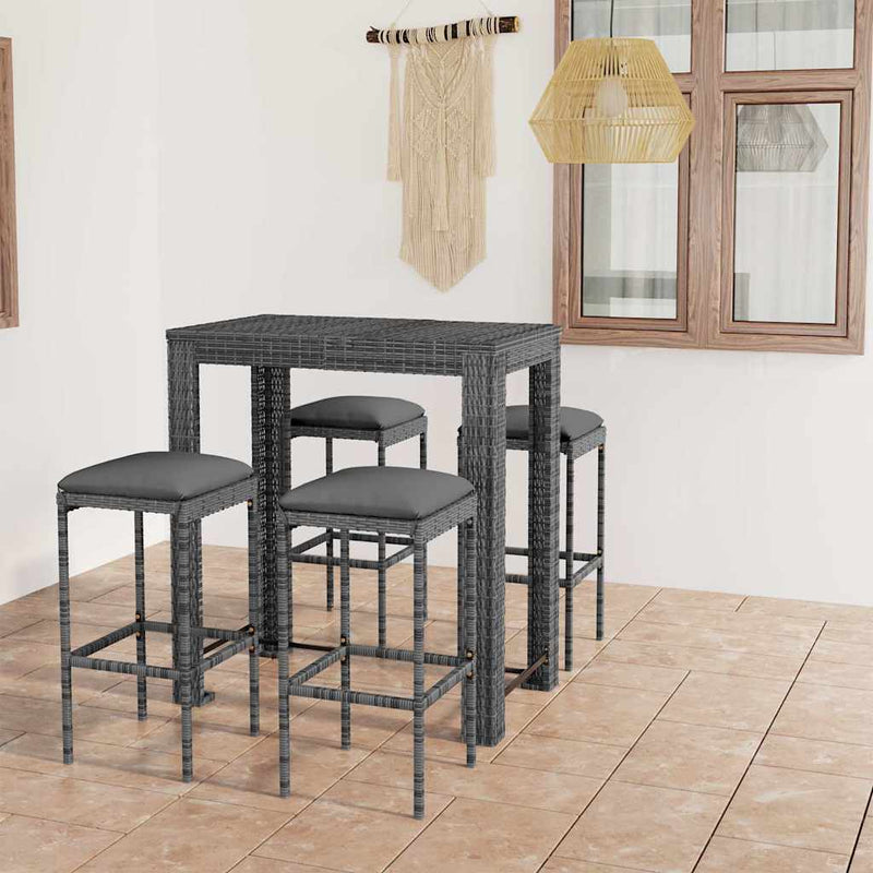 Set mobilier bar de grădină cu perne, 5 piese, gri, poliratan