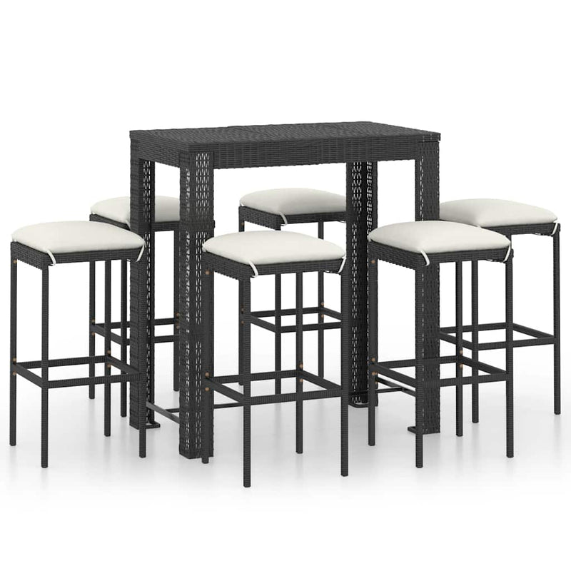Set mobilier bar de grădină cu perne, 7 piese, negru, poliratan