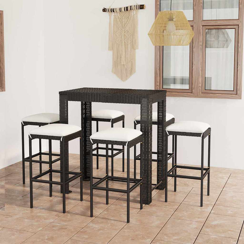 Set mobilier bar de grădină cu perne, 7 piese, negru, poliratan