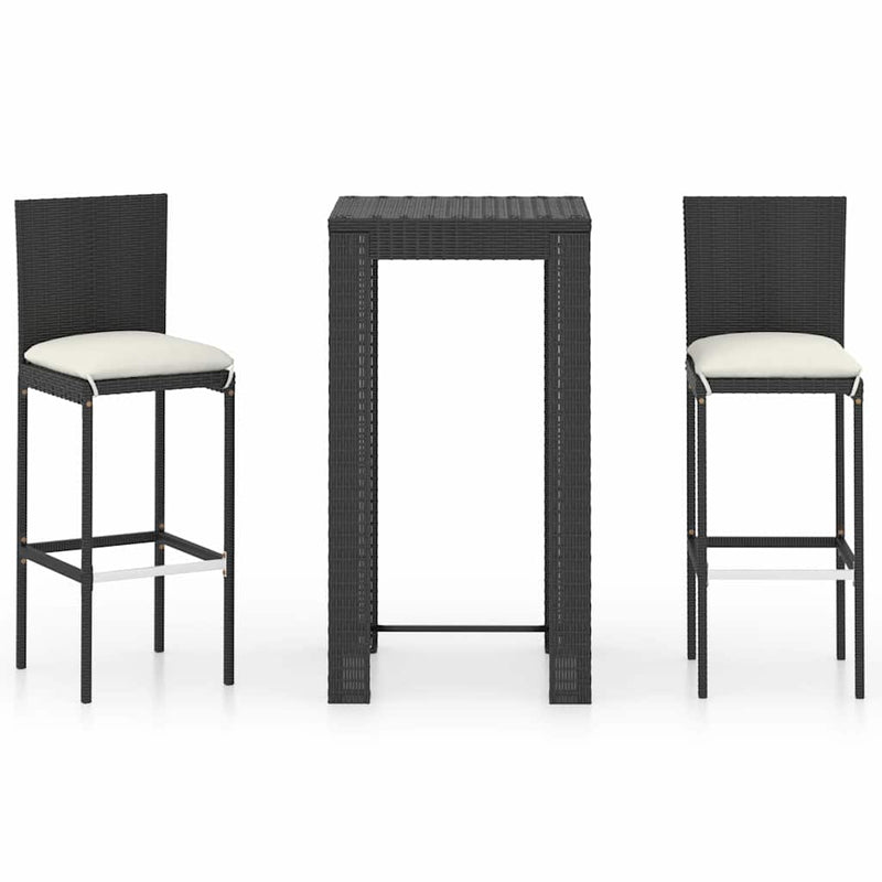 Set bar de exterior, cu perne, 3 piese, negru, poliratan