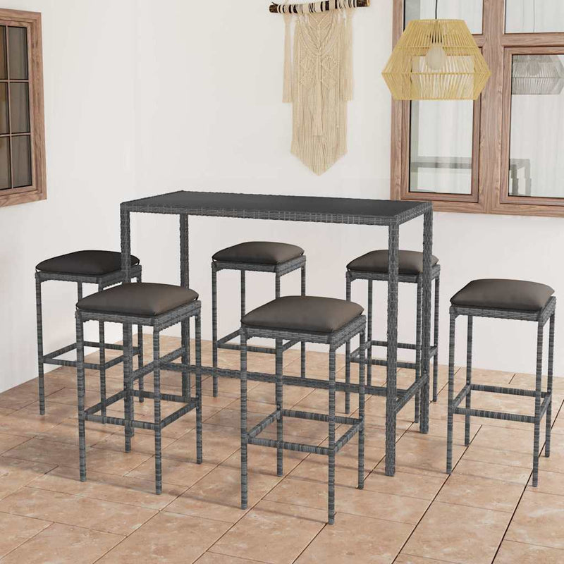 Set mobilier bar de grădină cu perne, 7 piese, gri, poliratan