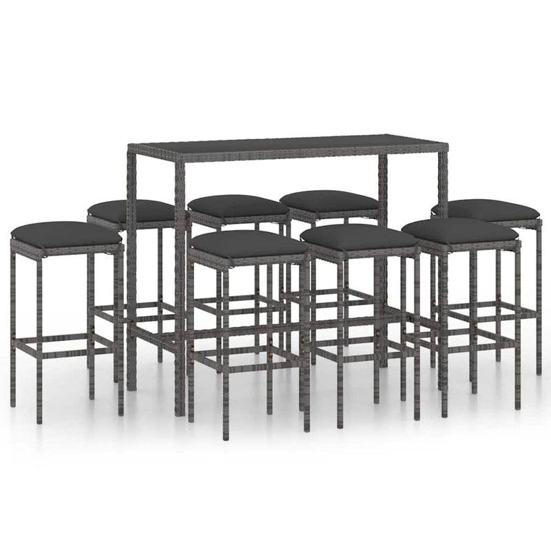 Set mobilier bar de grădină cu perne, 9 piese, gri, poliratan