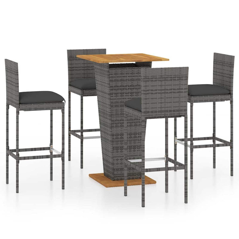 Set mobilier bar de grădină cu perne, 5 piese, gri, poliratan