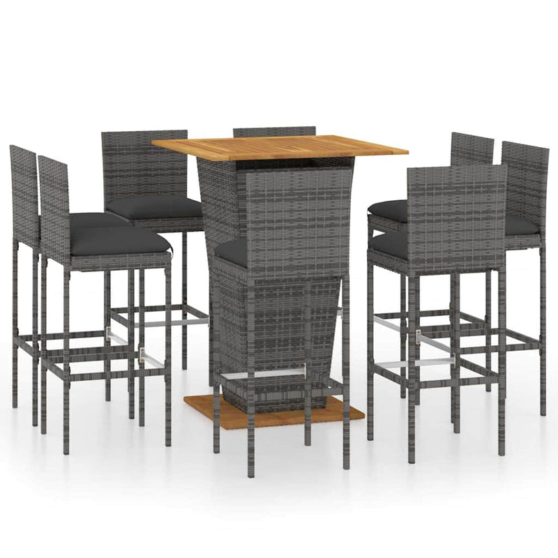 Set mobilier bar de grădină cu perne, 9 piese, gri, poliratan