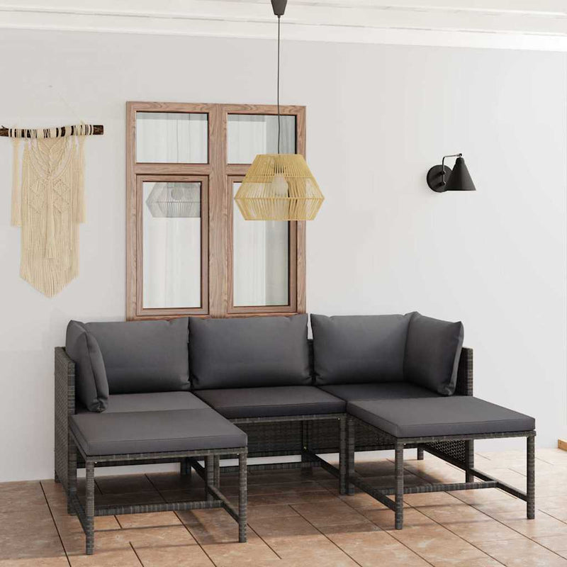 Set mobilier de grădină cu perne, 5 piese, gri, poliratan