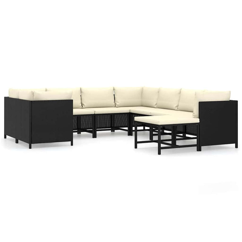 Set mobilier de grădină cu perne, 9 piese, negru, poliratan