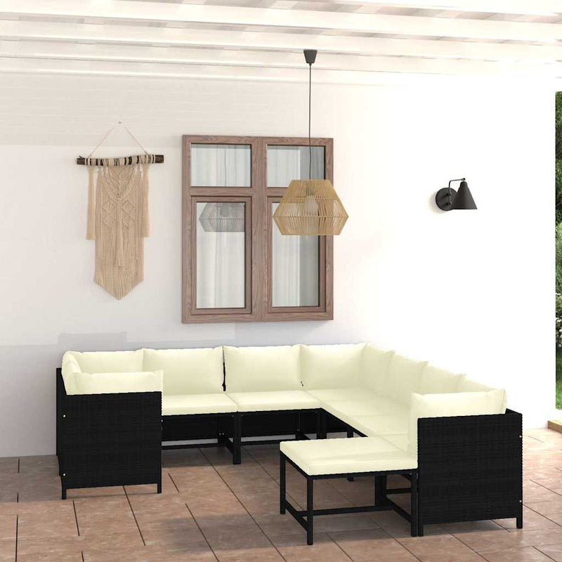Set mobilier de grădină cu perne, 9 piese, negru, poliratan