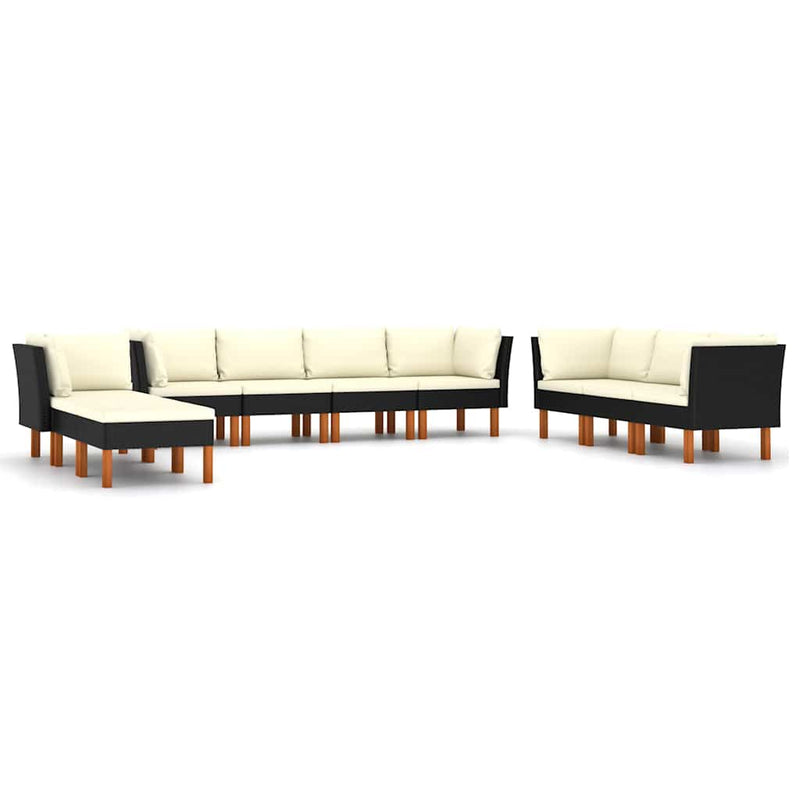 Set mobilier de grădină cu perne, 10 piese, negru, poliratan