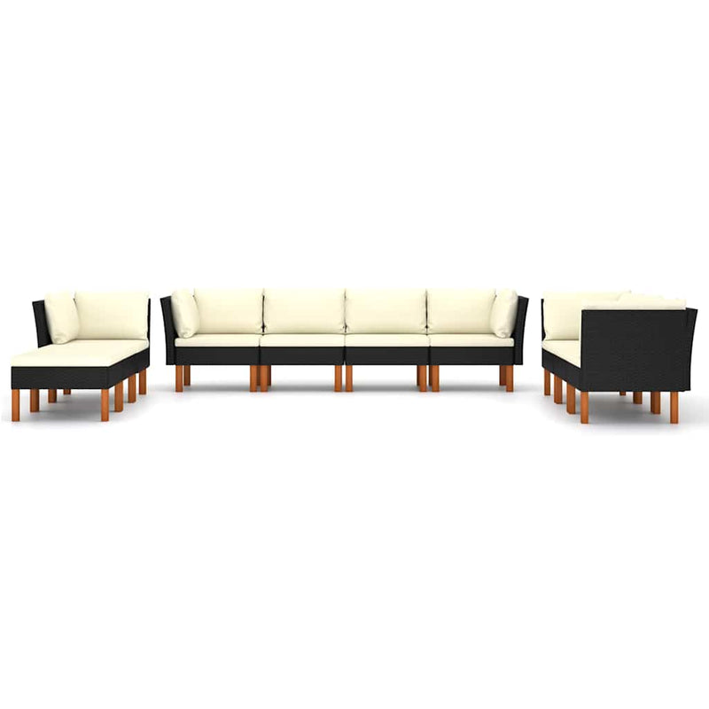 Set mobilier de grădină cu perne, 10 piese, negru, poliratan