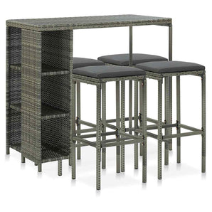 Set mobilier bar de grădină cu perne, 5 piese, gri, poliratan