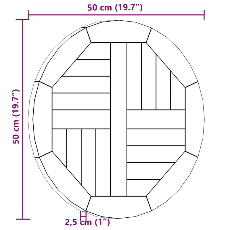 Blat de masă, 50 cm, lemn masiv de tec, rotund, 2,5 cm