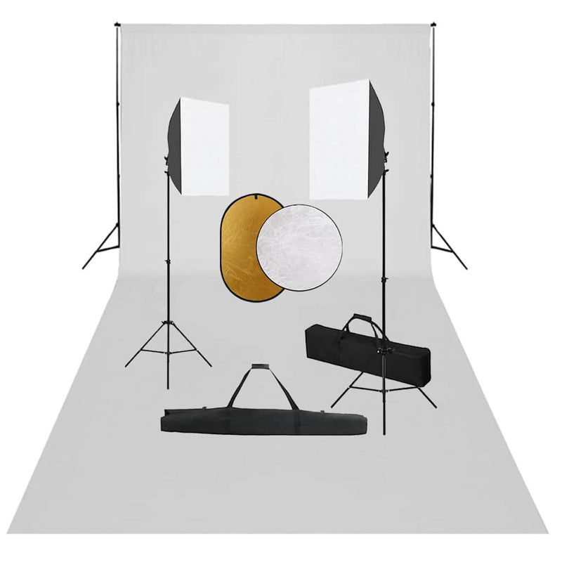 Set studio foto cu lumini softbox, fundal și reflector