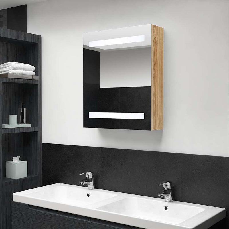 Dulap de baie cu oglindă și LED, stejar, 50x14x60 cm
