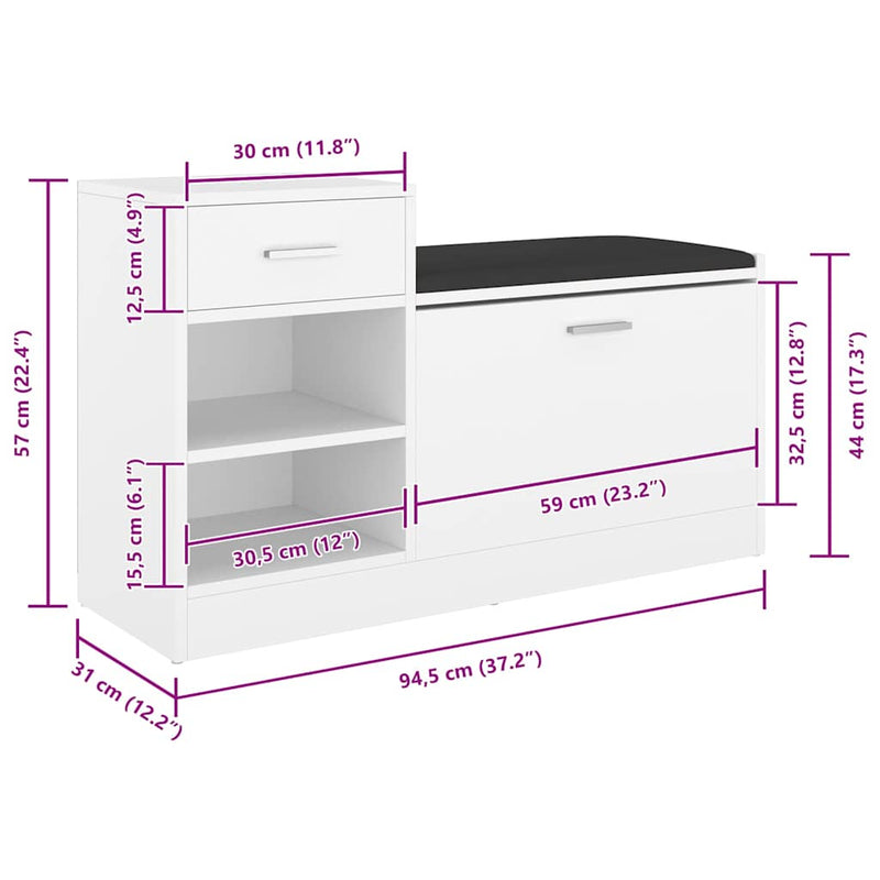 Banchetă pantofar, alb, 94,5x31x57 cm, lemn prelucrat