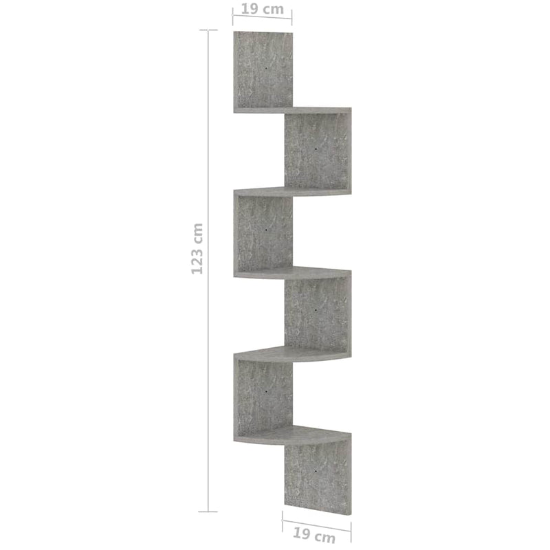 Raft de perete de colț, gri beton, 19x19x123 cm, lemn prelucrat