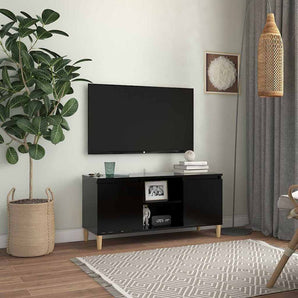 Comodă TV, picioare lemn masiv, negru, 103,5x35x50 cm