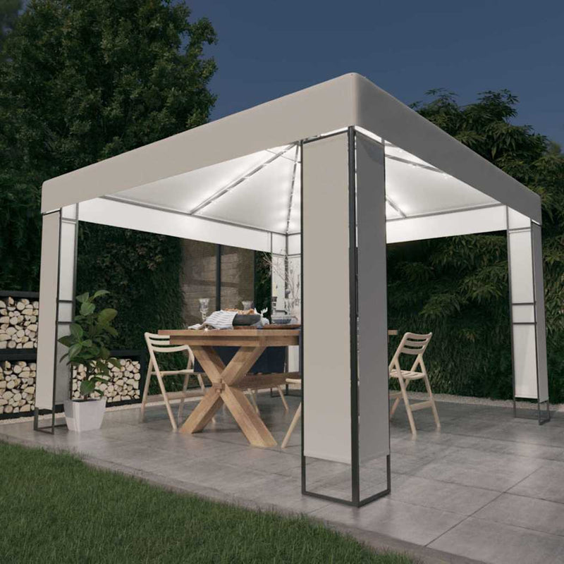 Pavilion cu acoperiș dublu & șiruri de lumini LED, alb, 3x3 m
