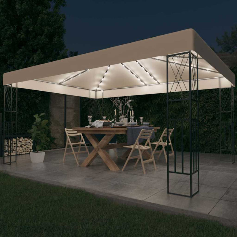 Pavilion cu șir de lumini LED, crem, 3x4 m, țesătură