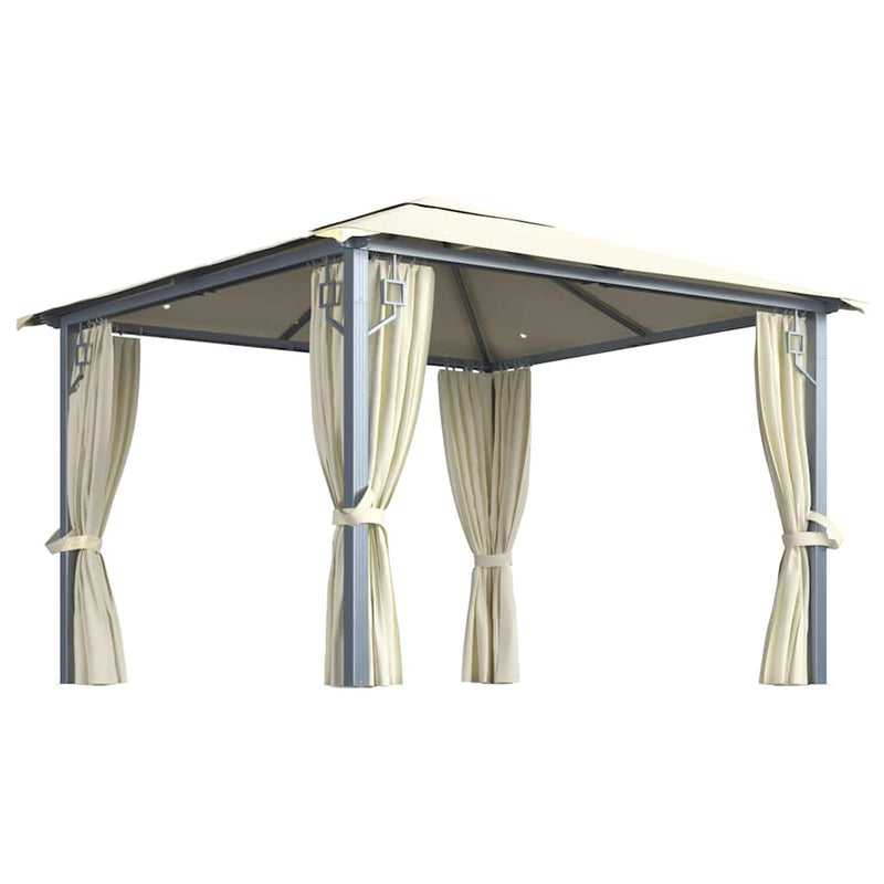 Pavilion cu perdele & șiruri lumini LED, crem, 3x3 m, aluminiu