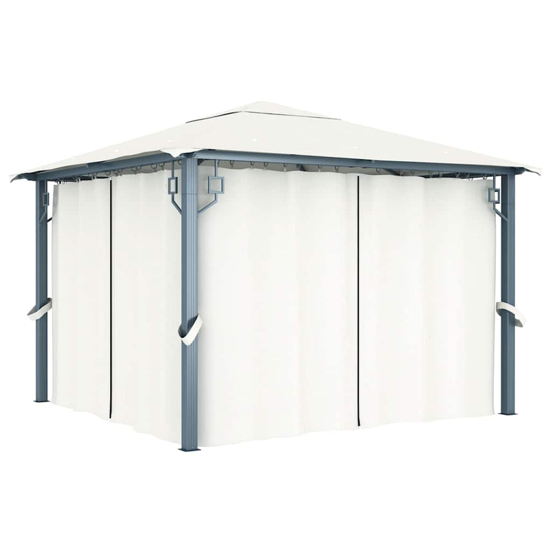 Pavilion cu perdele & șiruri lumini LED, crem, 3x3 m, aluminiu