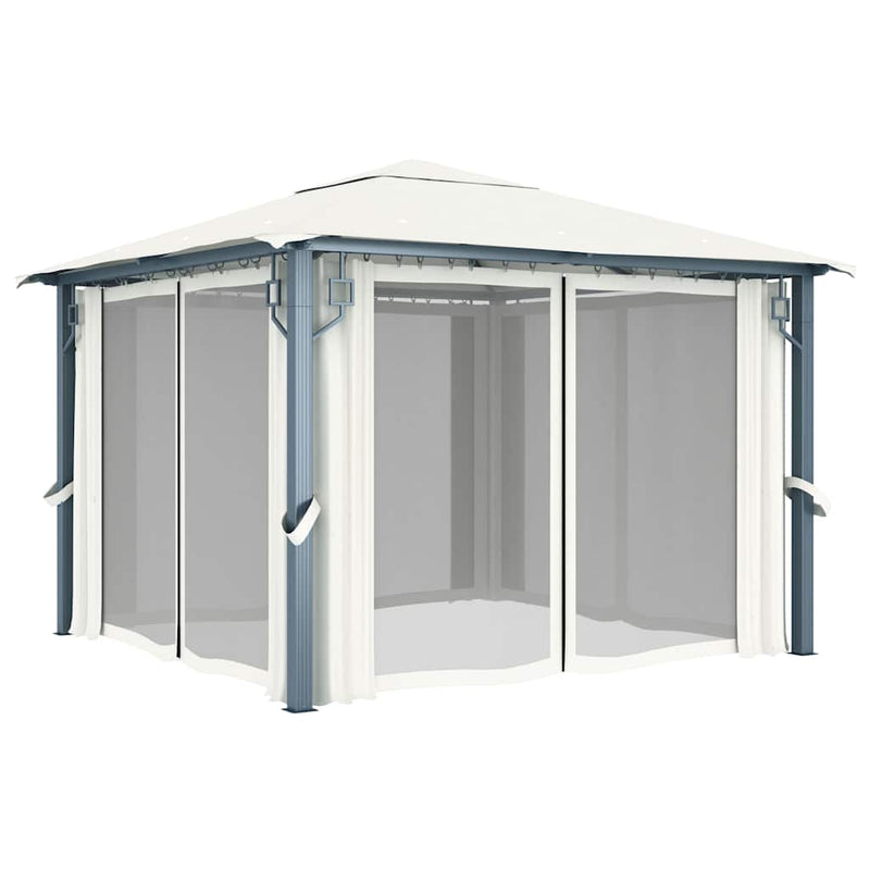 Pavilion cu perdele & șiruri lumini LED, crem, 3x3 m, aluminiu
