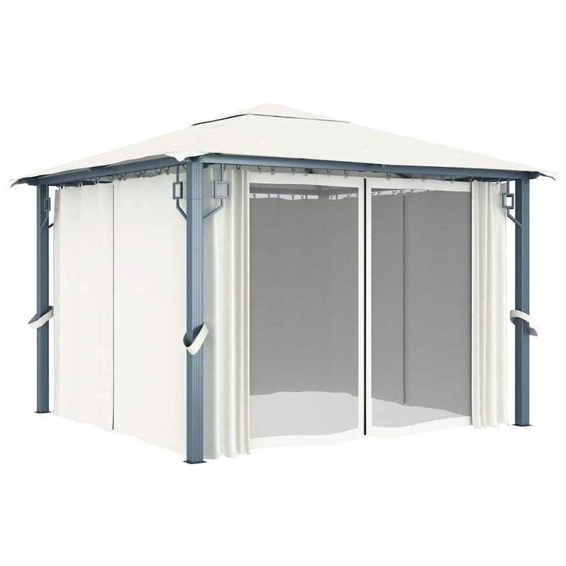 Pavilion cu perdele & șiruri lumini LED, crem, 3x3 m, aluminiu