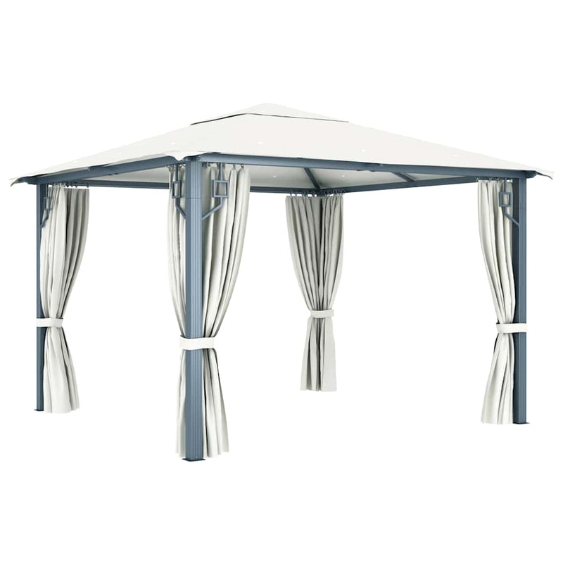Pavilion cu perdele & șiruri lumini LED, crem, 3x3 m, aluminiu