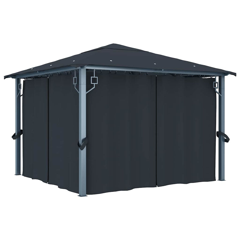 Pavilion cu perdele & șiruri lumini LED antracit 3x3 m aluminiu
